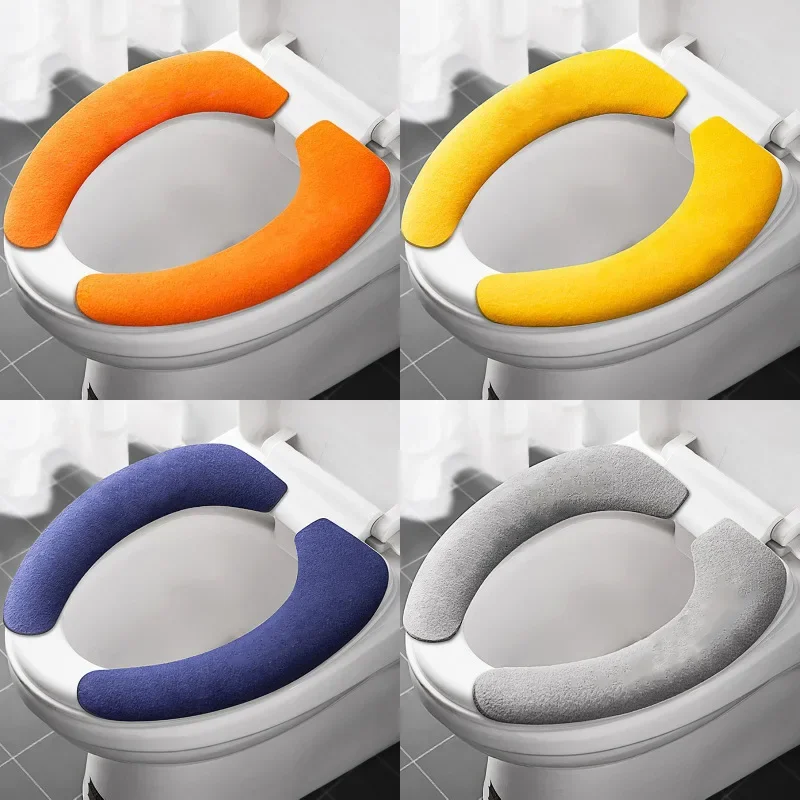 Universal Toilet Seat Cover Soft WC Paste Toilet Sticky Seat Pad Washable Bathroom Warmer Seat Lid Cover Pad Cushion Solid Color