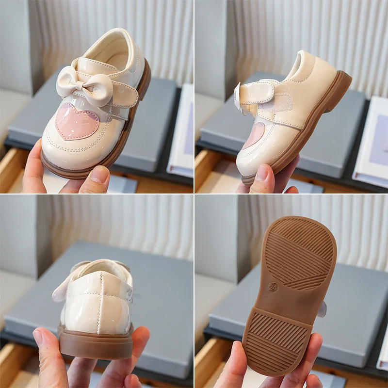 Girls Bowknot Princess Shoes 2024 New Spring Soft Bottom Children Baby Leather Shoes Kids Cute Heart Shape Single Shoes Toddler