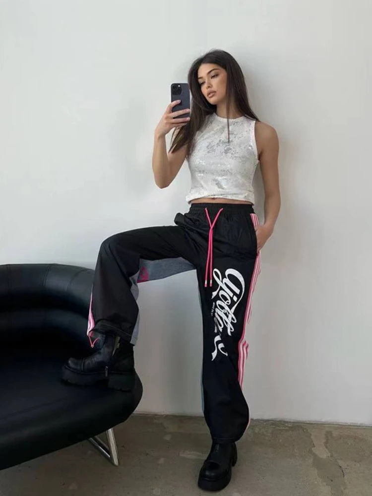 

2024 American Street High Waist Jeans Casual Sweatpants Women Summer Stretch Contrast Color Stitching Letter Printed Trouser