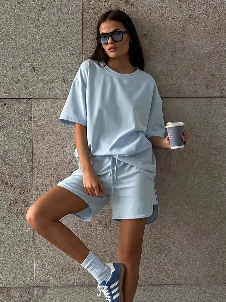 

New Women Casual Sport Short Sets Short Sleeve Pullover Top and High Waist Drawstring Shorts Fashion Cotton 2 Pieces Outfit