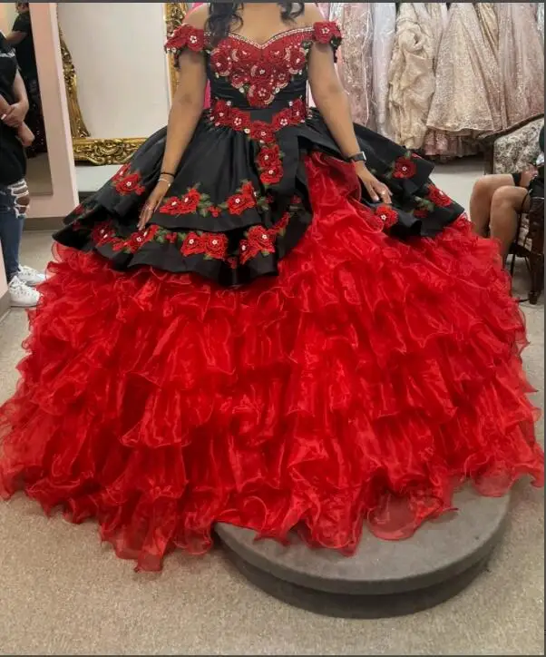 

Black Red Organza Mini Quinceanera Dress Off Shoulder Girl Pageant Party Dresses Charro Mexican Flower Girl Gowns