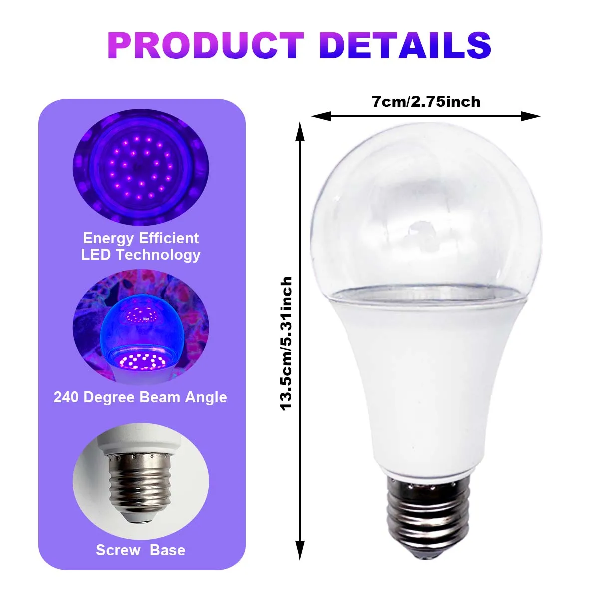 Ampoules Noires LED A70, Lumière Noire Fluorescente, Gelparty, Halloween, 12W, 385-400nm, graphite Pièces