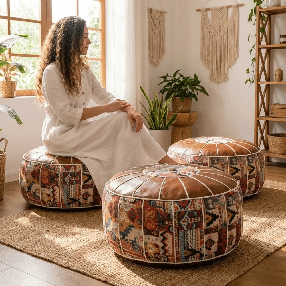 Leather Boho Seat Cushion Cover Unstuffed Large Capacity Pumpkin Pouf Cover Embroider Craft Waterproof Storage Bag