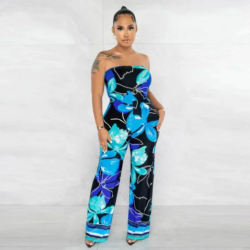 

KEXU Leaf Floral Printed Strapless Sleeveless High Waist Straight Wide Leg Women Jumpsuit Sexy Beach Playsuit One Piece Set