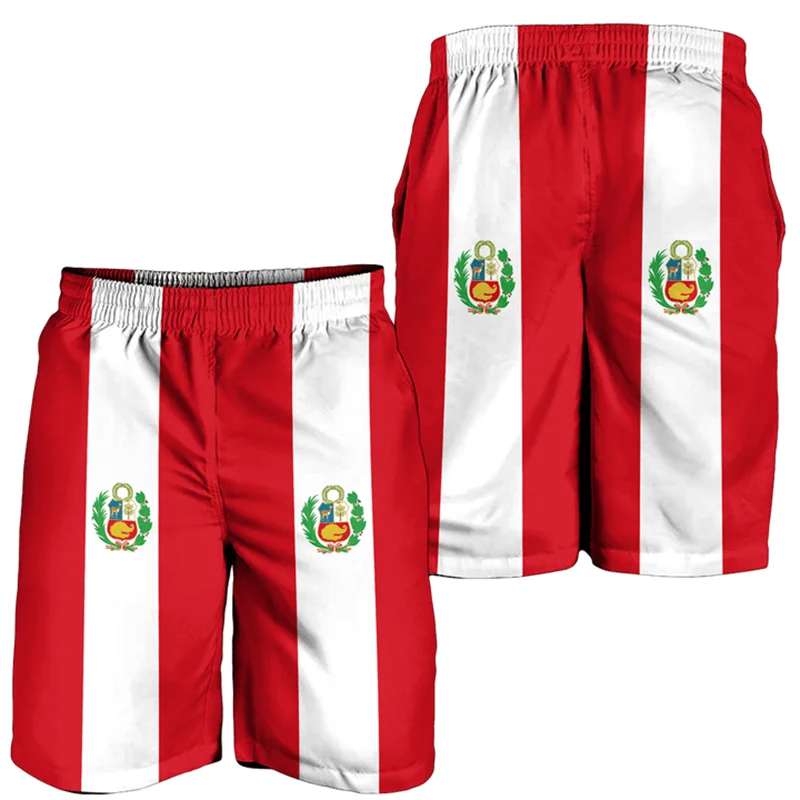 Pantalones cortos con estampado 3D de mapa de la bandera de Perú para hombre, ropa informal hawaiana, pantalones cortos de playa, bañadores con emblema nacional peruano