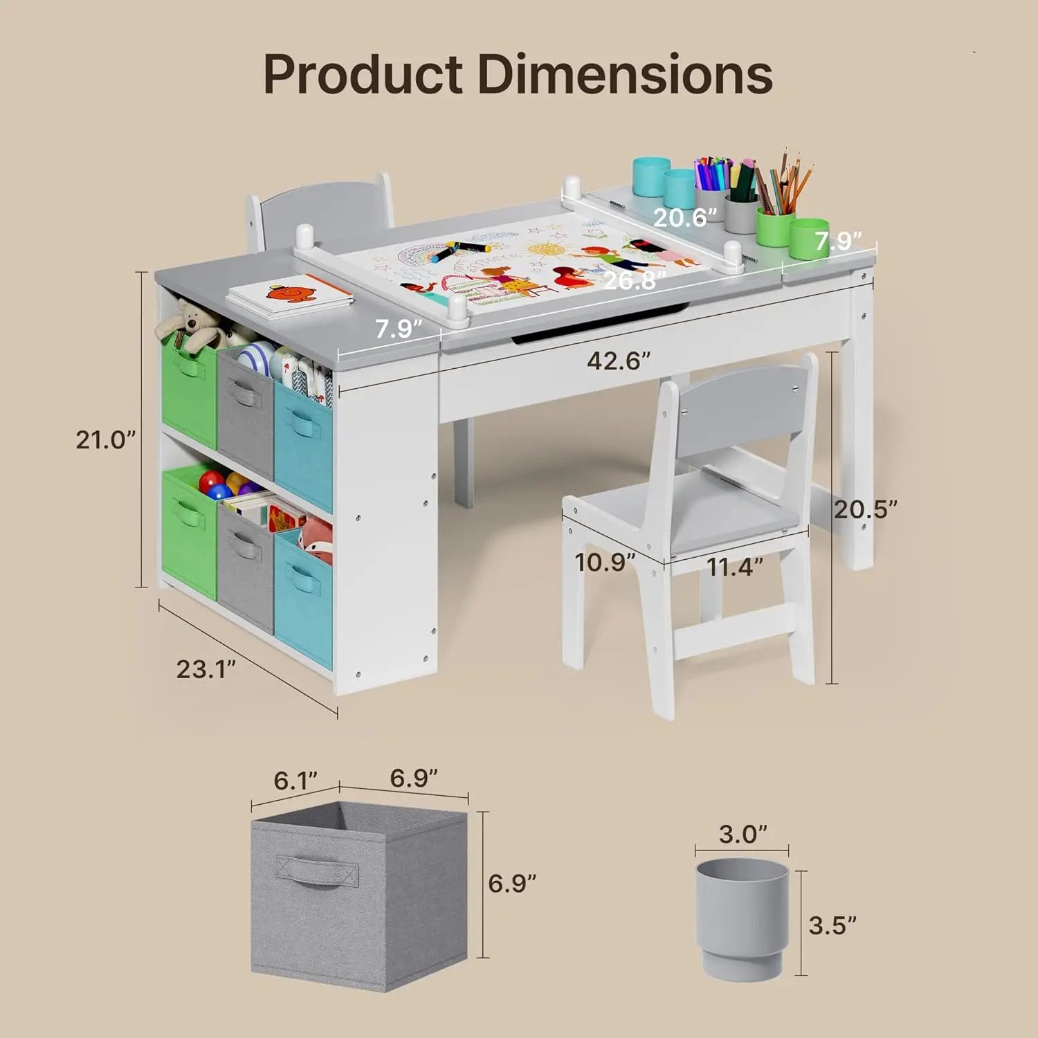 Kids Art Table and Chairs with Removable Tabletop Storage,Toddler Craft Table and Chair Set for Drawing Studying Playing Wooden Kid Acitivity Table in Playroom Kids Room Living Room, Gray