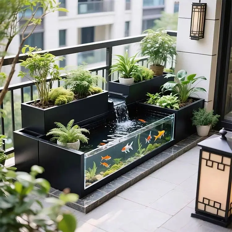 Courtyard stainless steel fish tank flower box outdoor hotel flower garden terrace fountain metal landscape flowing water orname