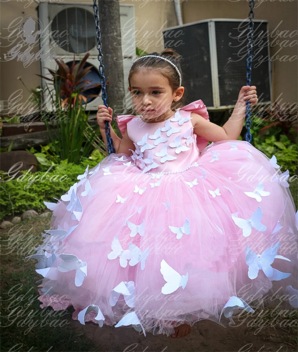 White Butterflies Cute Pink Party Flower Girl Dresses For Wedding Tulle  Ball Kids Pageant Gown Birthday Communion