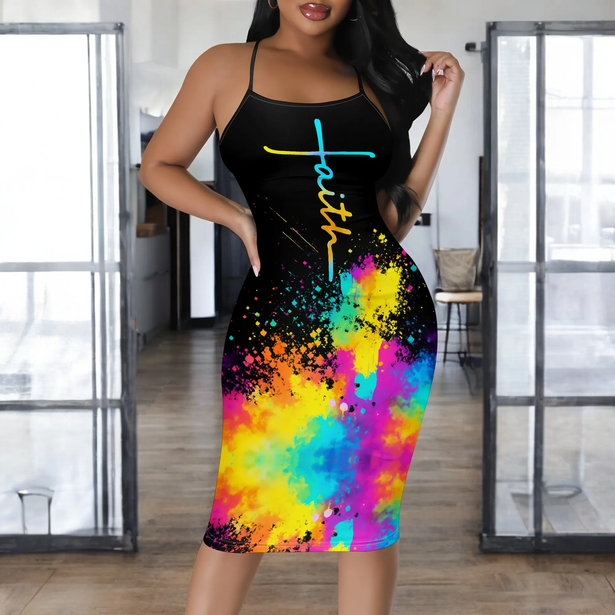 

"Women’s Sexy Bodycon Spaghetti Strap Dress Colorful Faith Print Sleeveless Summer Party Beach Outfit S-3XL"
