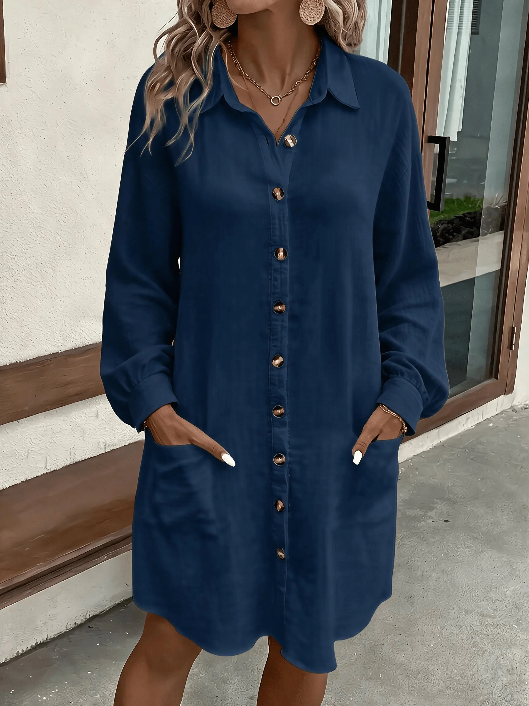 Frühling Sommer Damen Hemdkleid mit Umlegekragen, Locker Geschnittenes Übergroßes Midi-Kleid mit Knopfleiste und Seitentaschen, Lässiges Strandkleid – Detail 8