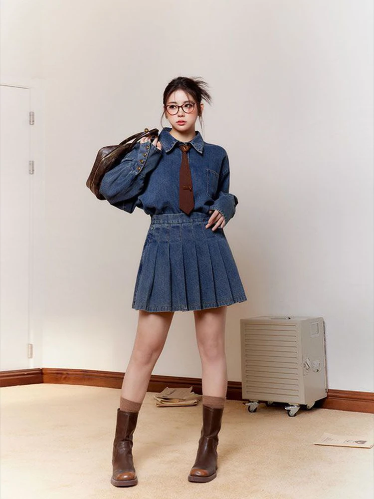 

Женский уличный женский свободный джинсовый топ с галстуком в студенческом стиле, модная плиссированная юбка в стиле ретро, комплект из двух предметов