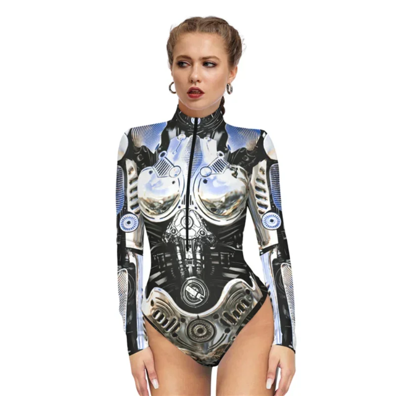 3D Printing Technology Party Mechanical Element Pattern Long-sleeved Robot Sci-fi COS Women's Bar Performance Suit 1 Piece