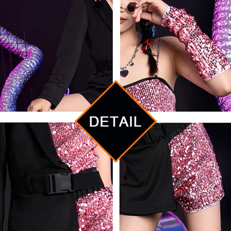 Jazz Dance Costume Girls Black Sequin Hip Hop Set Stage Show Wear Street Dance Performance Clothing Catwalk Show Outfits AMY87