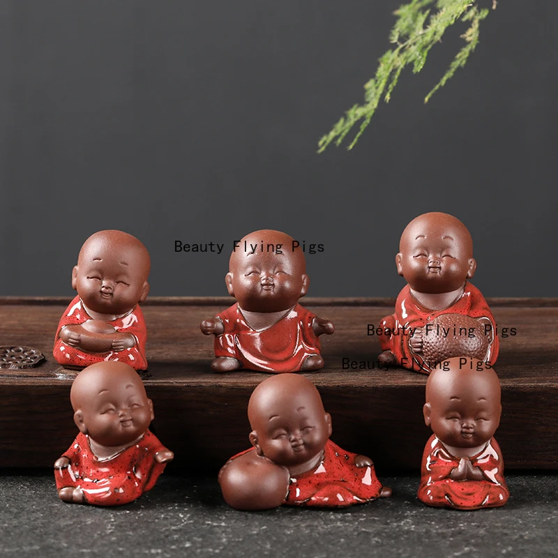 Little monk purple clay tea pet ornaments qin chess calligraphy painting flower pot decorations handicrafts view 2