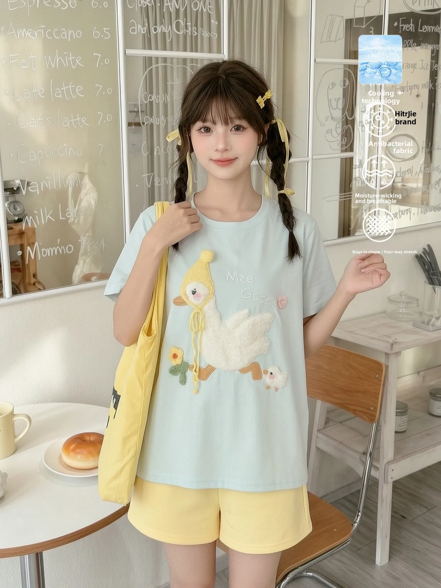 Loose Short Sleeve round Neck T-Shirt Women Summer New Style Plush Patchwork Design Sweet Style Cotton Polyester Blend Top