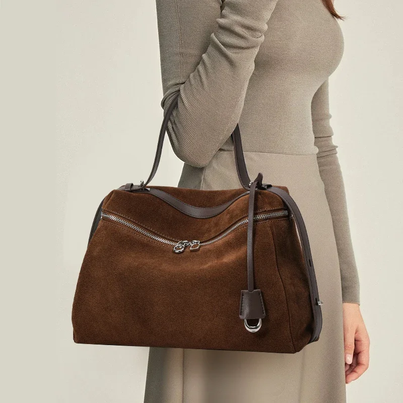 Aidrani Brown Split Leather Tote Bag – Women’s Soft Cowhide Handbag with Zipper & Interior Pocket, Perfect for Daily Use
