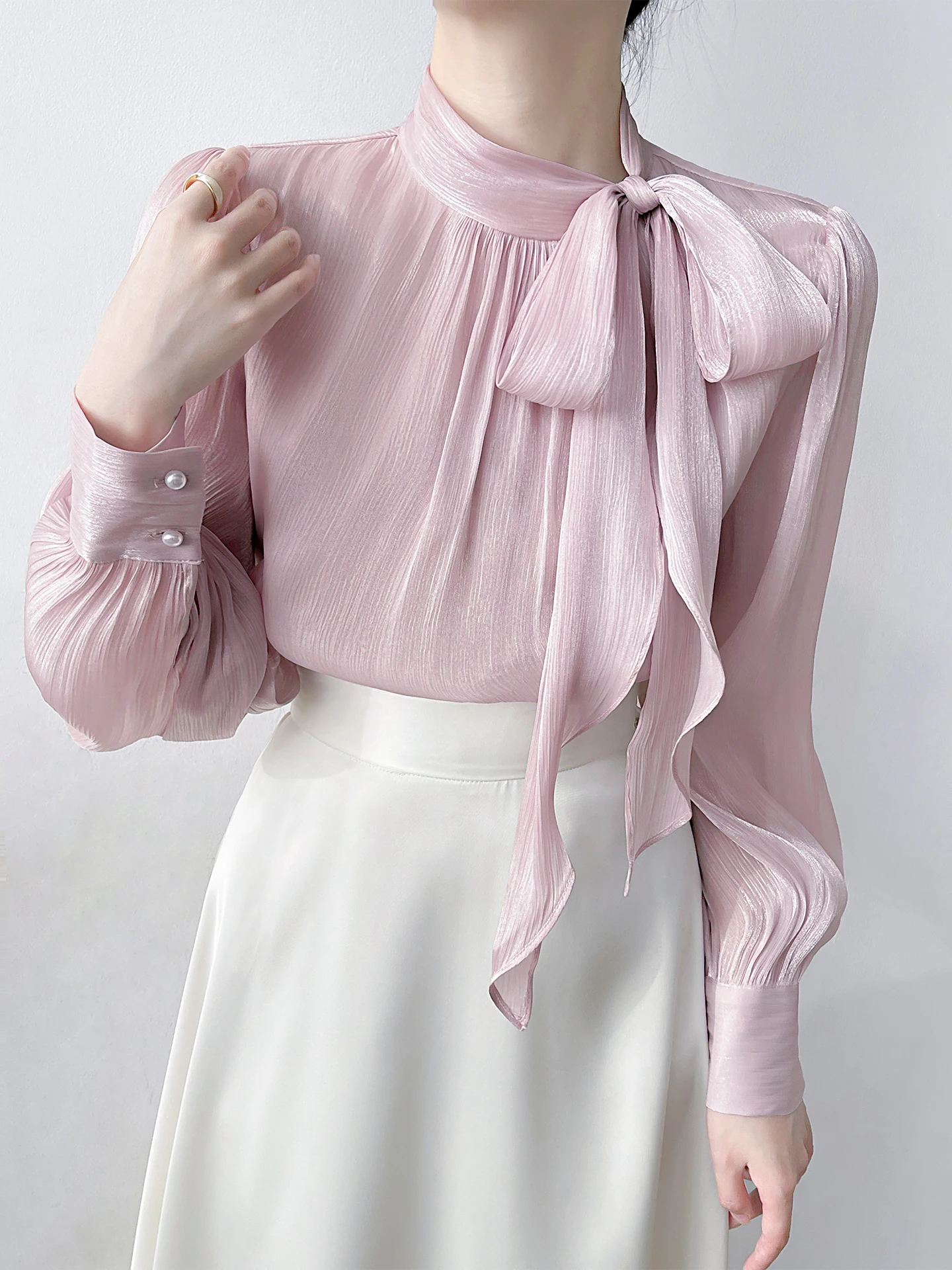 

Корейская женская шифоновая блузка с длинным рукавом, фиолетовая, с узлом, дышащая, удобная, для повседневной носки