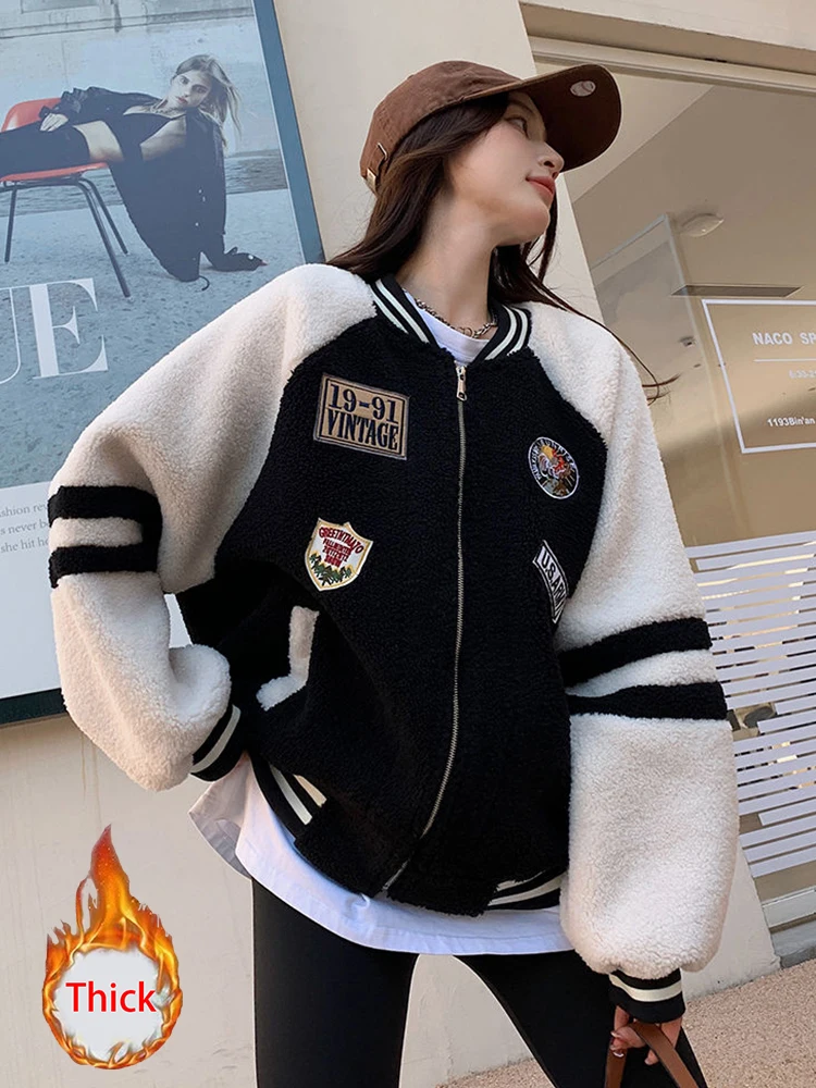 Jmprs Winter Thick Faux Lamb Baseball Coat Women Harajuku Loose Letter Patchwork Jacket Korean Streetwear Warm Bf Casual Outwear