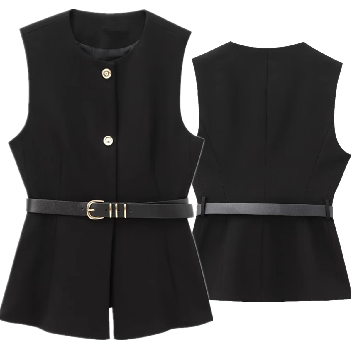 

Maxdutti French Style Minimalist Buckle Texture Vest Jacket Black Elegant Suit Vest Women Top