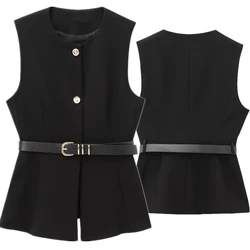 Maxdutti French Style Minimalist Buckle Texture Vest Jacket Black Elegant Suit Vest Women Top