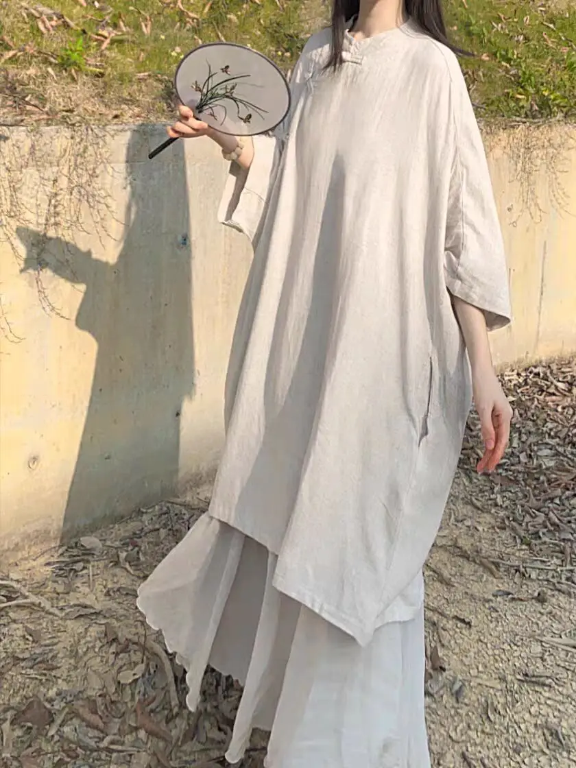 

Spring Summer Linen Lazy Style Women's Dress Button Detail Midi Skirt Cotton Linen Casual Two Piece Set Breathable Lightweight