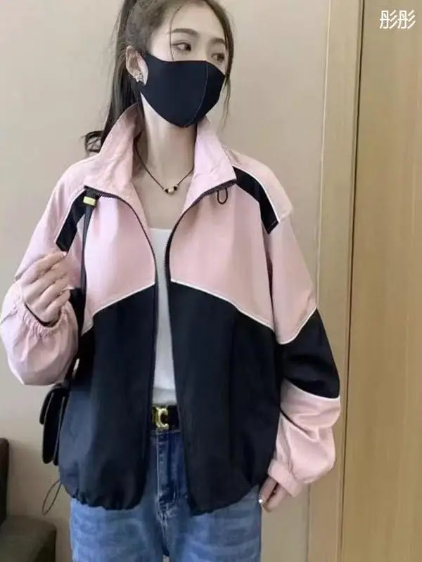 

American Sle Loose Casual Women's Jaet Stand Collar Spring Summer Versatile Top Faionable Brand Polyester Zipper
