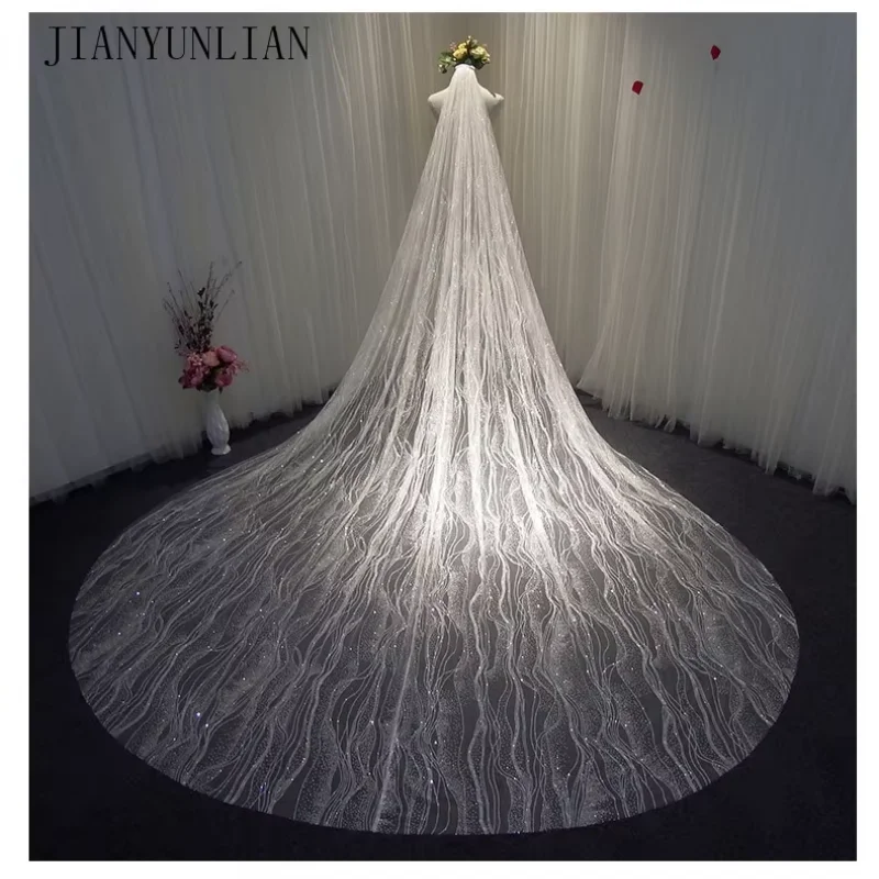 

100% реальная фотография по индивидуальному заказу, Золотая вуаль, блестящая кружевная блестящая длинная свадебная фата в соборе, роскошная фата