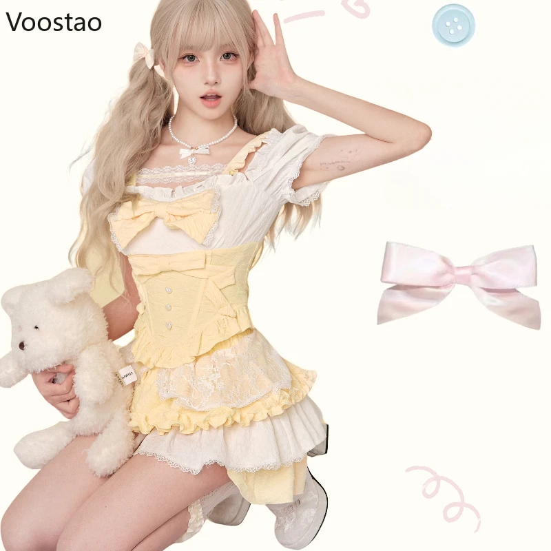 Sweet Lolita Style Skirt Set Women Kawaii Lace Ruffles Bow Slim Blouse Cute Mini Cake Skirts Suits Female Korean Y2k 2 Piece Set