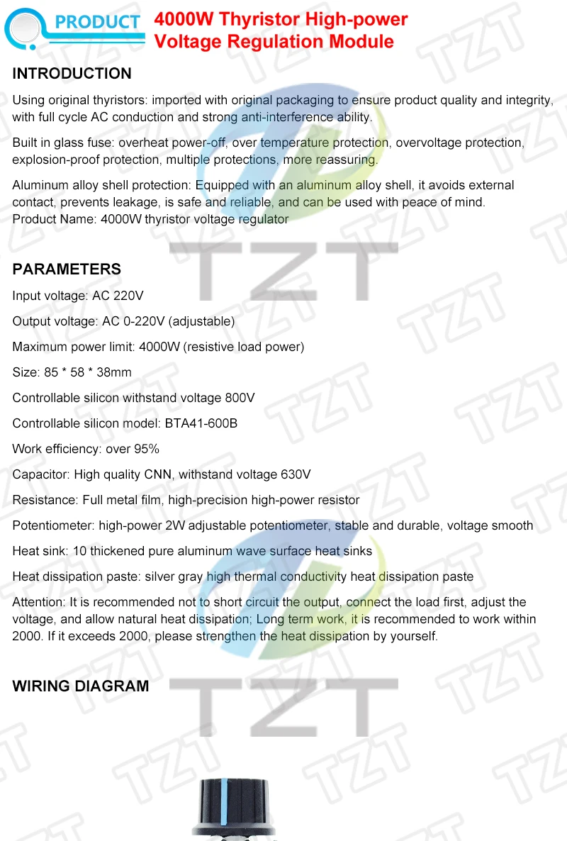 TZT Professionelle Spannungsregler 4000 W 220 V Hochleistungs-SCR-Geschwindigkeitsregler Elektronischer Spannungsregler Gouverneur Thermostat – Detail 3