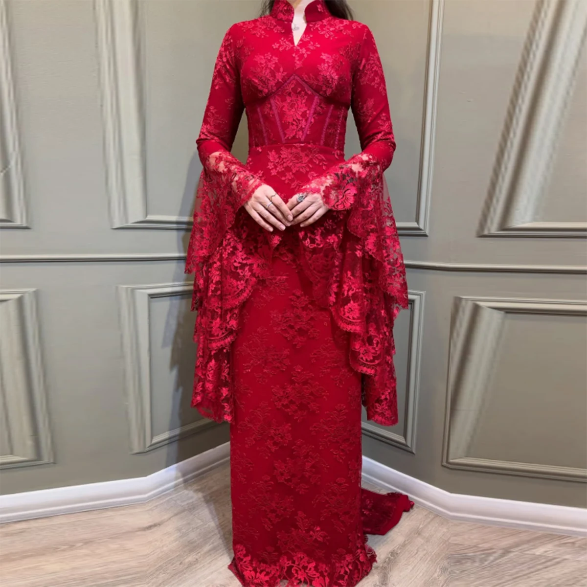 

Dark Red Lace High Neck Evening Gowns Trumpet Long Sleeves Floor Length Prom Dresses Women Wedding Party Dress Formal Wear