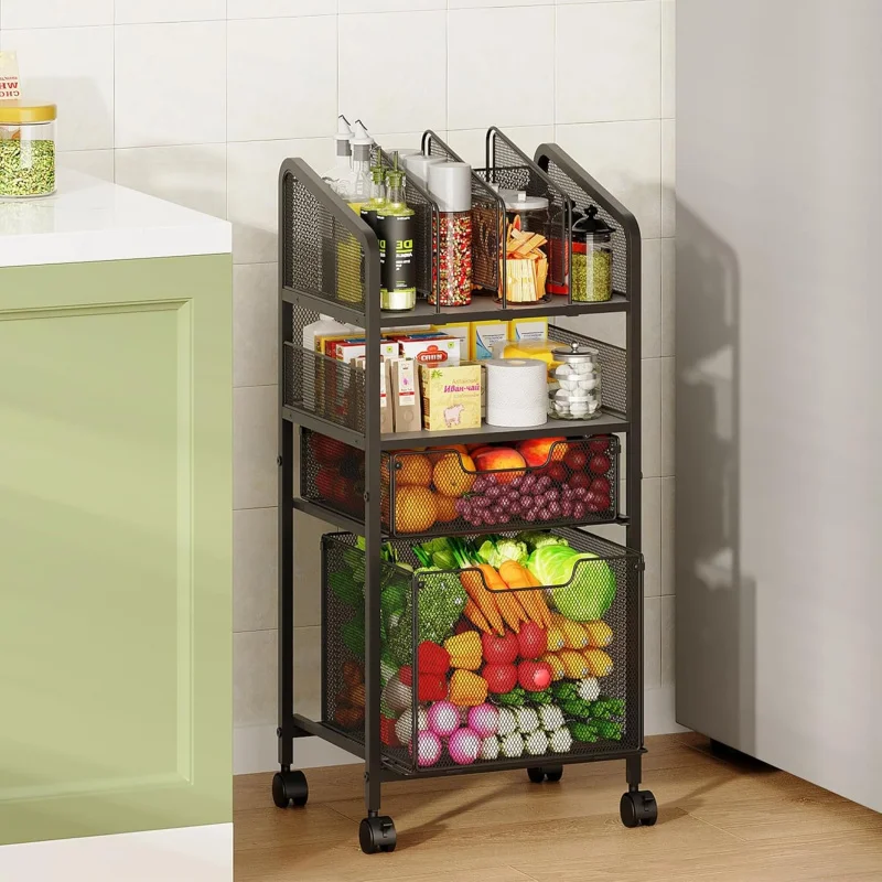 

4-Tier Rolling Kitchen Storage Cart with 2 Drawers & DIY Divider – Mobile Organizer for Fruits, Vegetables, Snacks & Breads