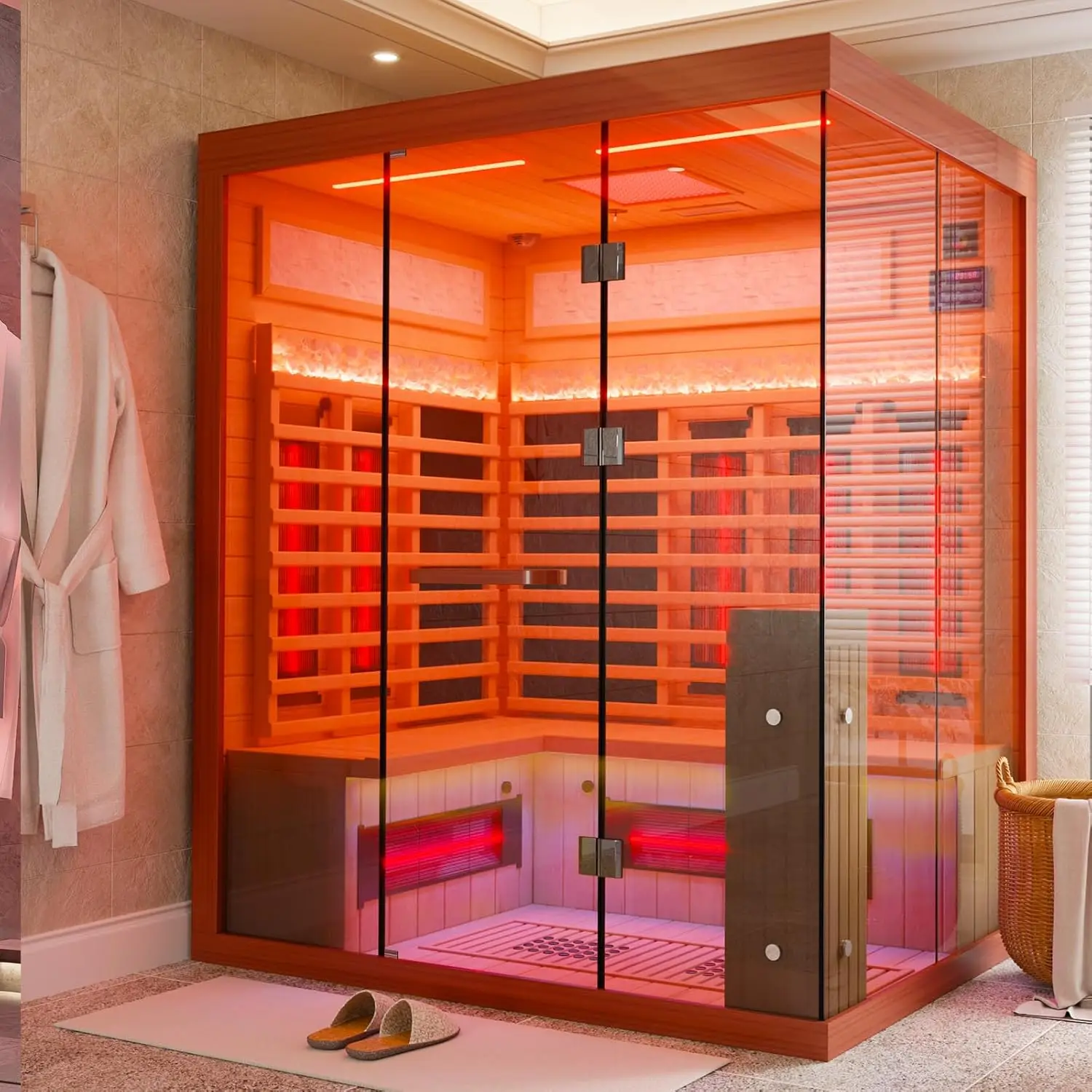 

Инфракрасная сауна MEISSALIVVE Full Spectrum, домашняя сауна на 3-4 человека, роскошная сауна из красного кедра для дома с резонансным динамиком, Panora