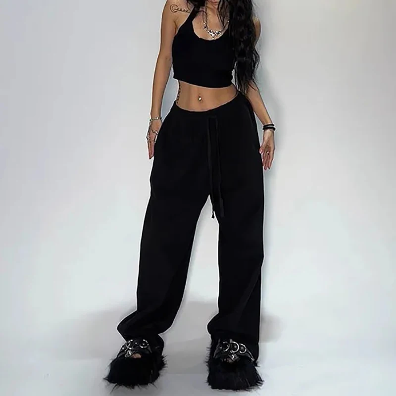 ผู้หญิงสีเทากว้างขา Sweatpants เกาหลีแฟชั่น Basic Casual Harajuku Joggers กางเกงกางเกง Chic สีเทา Y2K Sweatpants