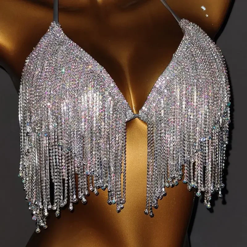 2023 New Diamond Tassel Bikini, Silver Shiny Underwear Set Nightclub Suit, Split Swimwear Two Piece Set Performance Apparel