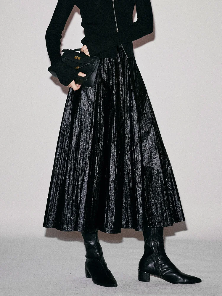 

Лимитированная серия 48: Юбка-солнце из искусственной кожи с золотым тиснением, с высокой талией, А-силуэт, из нейлоновой ткани, Ciwalk, Осень 2023