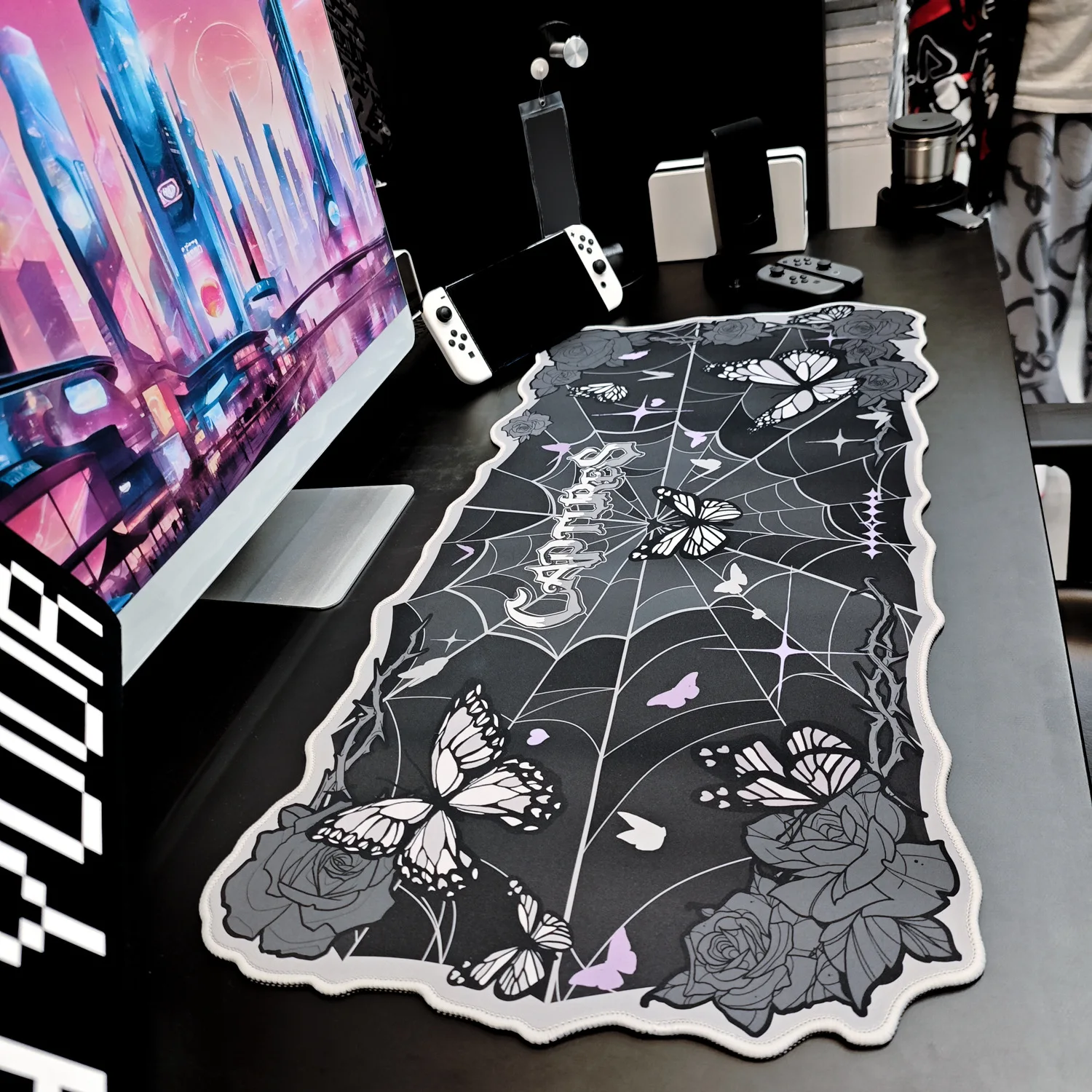 Large Rubber Gaming Desk Mat 80x39cm Black Butterfly Pattern Stitched Edge Non Slip Extended Mouse Pad Wrist Support for Office
