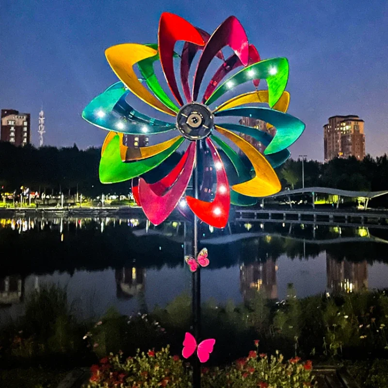 Colorful Landscape Metal Wind Vane Iron Art Rotation Windmill with Solar Lights Outdoor Garden Ornament Pinwheel Gardening Decor