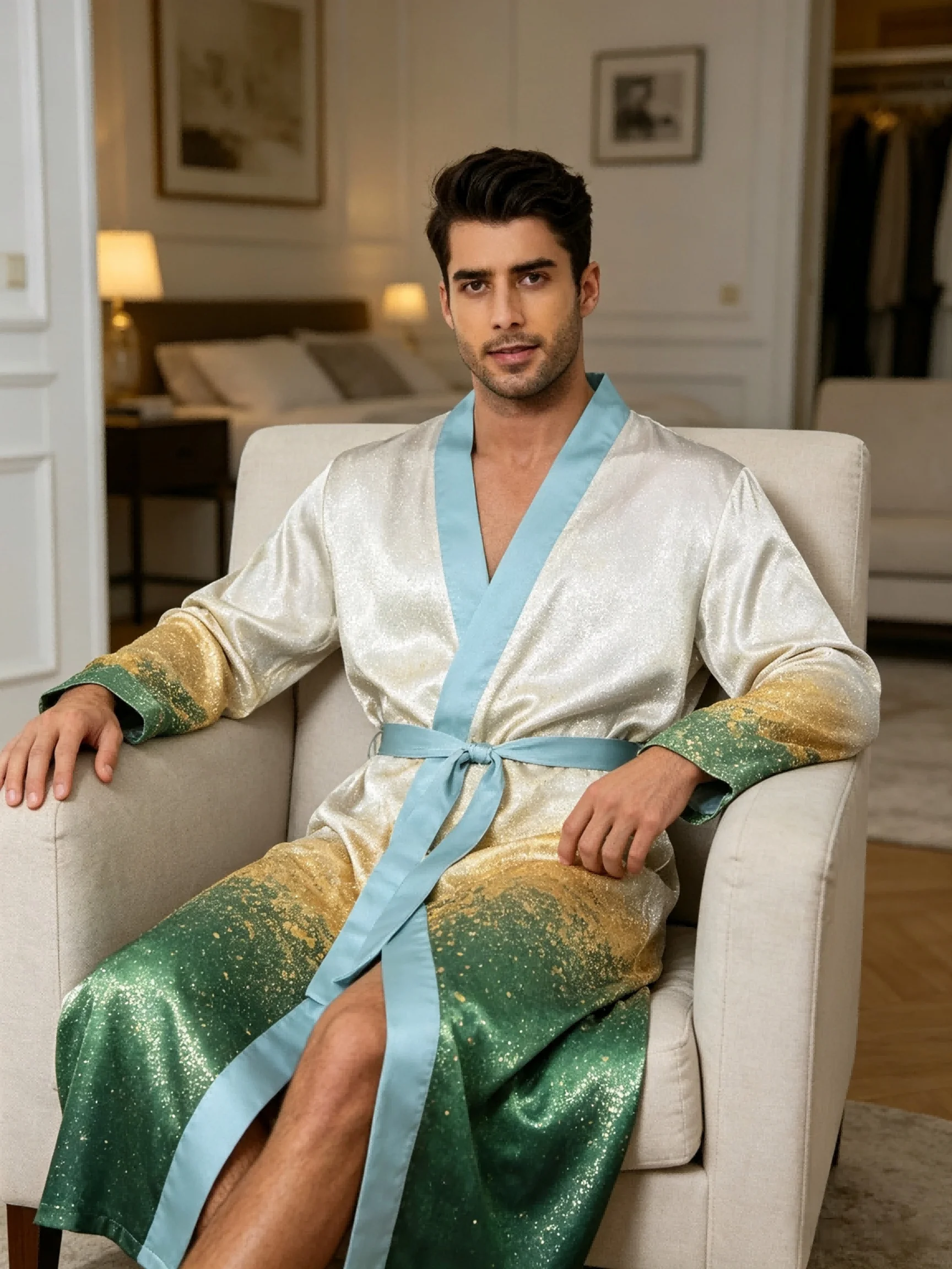 Men's lightweight quick-drying pajama bathrobe - 3D digital printing, non-fading design, stand-up collar and adjustable waistban