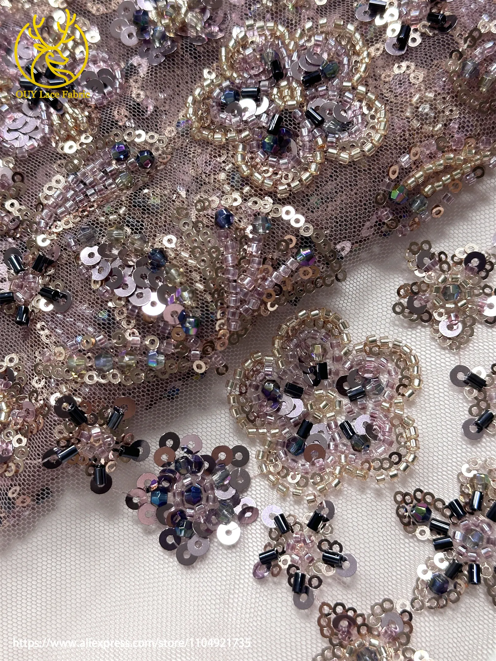 2026 Eleganter französischer Mesh-Spitzenstoff mit Perlen, hochwertiger afrikanischer nigerianischer Pailletten-Tüll-Spitzenstoff für Hochzeitskleider zum Nähen – Detail 18