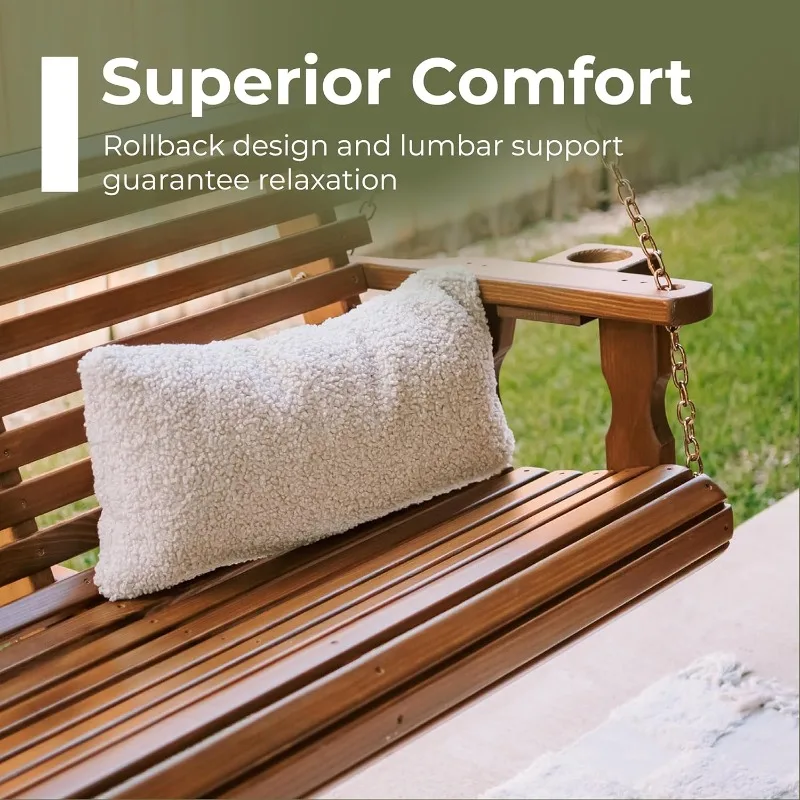 أرجوحة شرفة شديدة التحمل بطول 6 أقدام، سعة 700 رطل، حاملات أكواب، صنوبر معالج، صناعة الولايات المتحدة الأمريكية