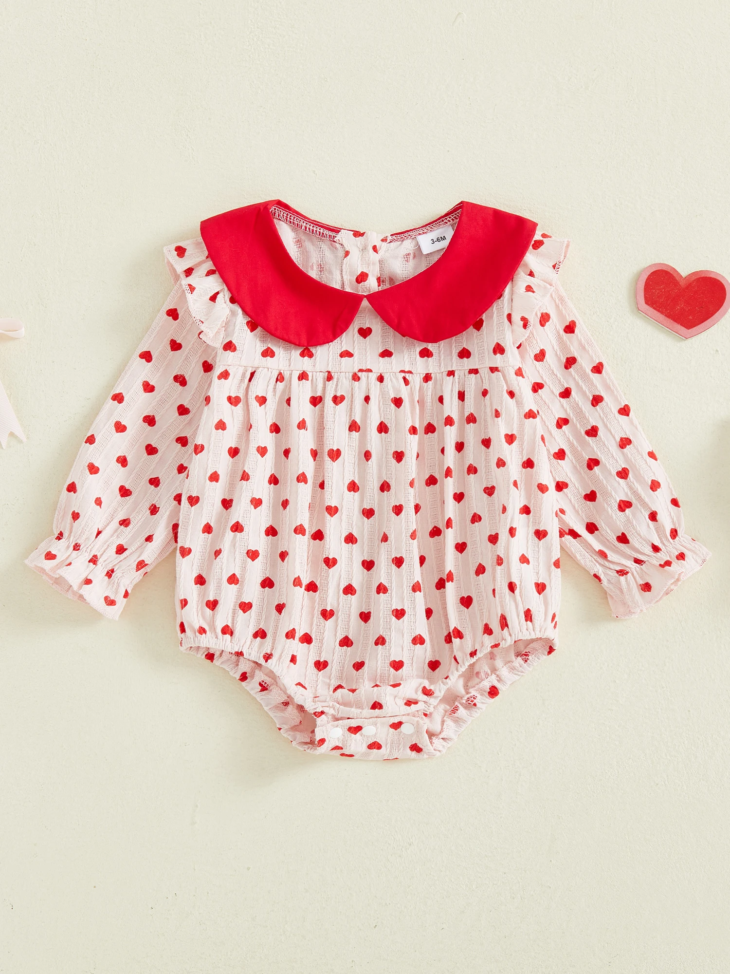 

Toddler Girl Valentine s Day Romper with Heart Print and Long Sleeves Casual Doll Collar Jumpsuit for Baby Girls