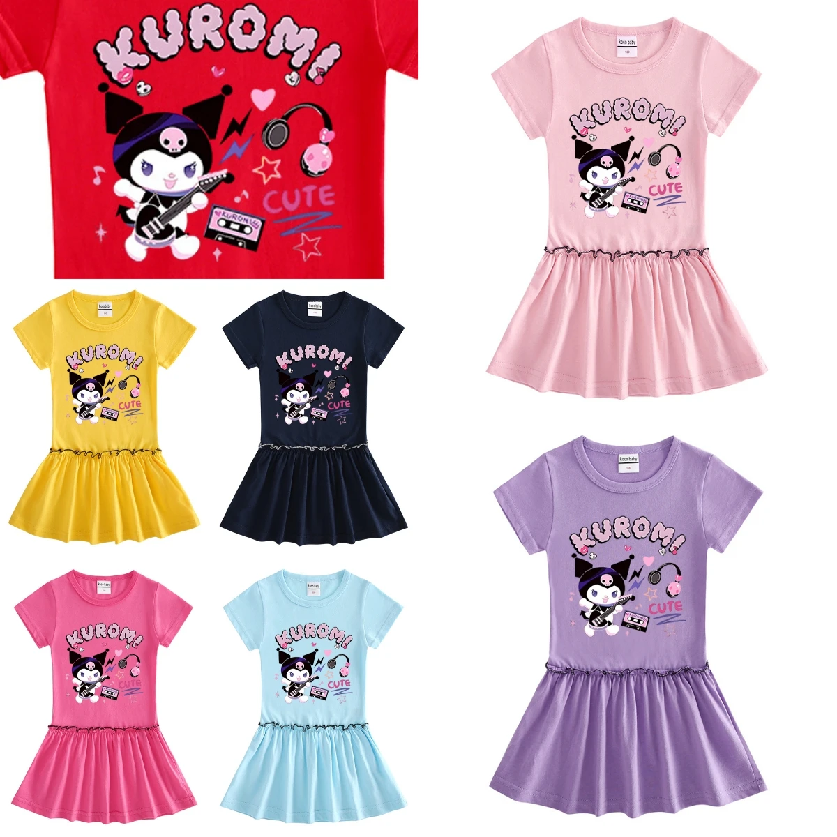 

2024 Kuromi Summer New Children's Short Sleeve Dress Half Sleeve Baby Wooden Ear Edge Pleated Thin Skirt Girls Casual Dresses