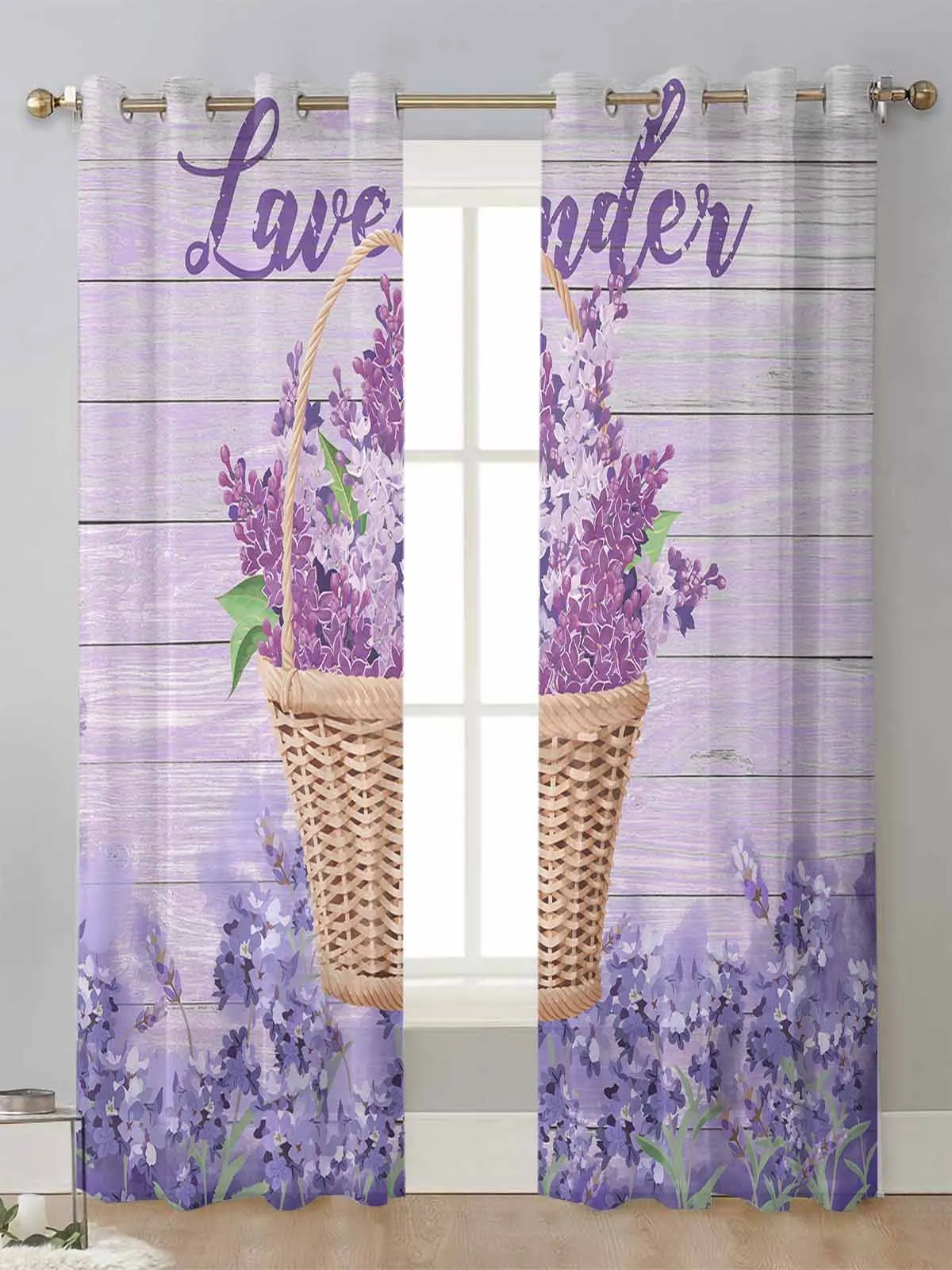 Lavender Flower Basket Sheer Curtains For Living Room Window Transparent Voile Tulle Curtain Cortinas Drapes Home Decor