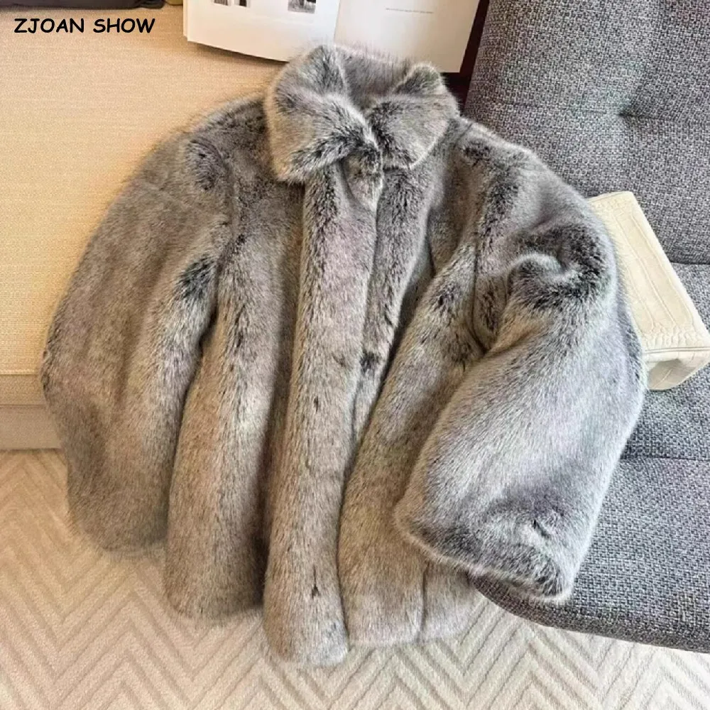 Winter Gradient Gray Lapel Collar Hairy Shaggy Faux Fur Coat Retro Full sleeve Furry Fur Women Covered Buttons Loose Outerwear