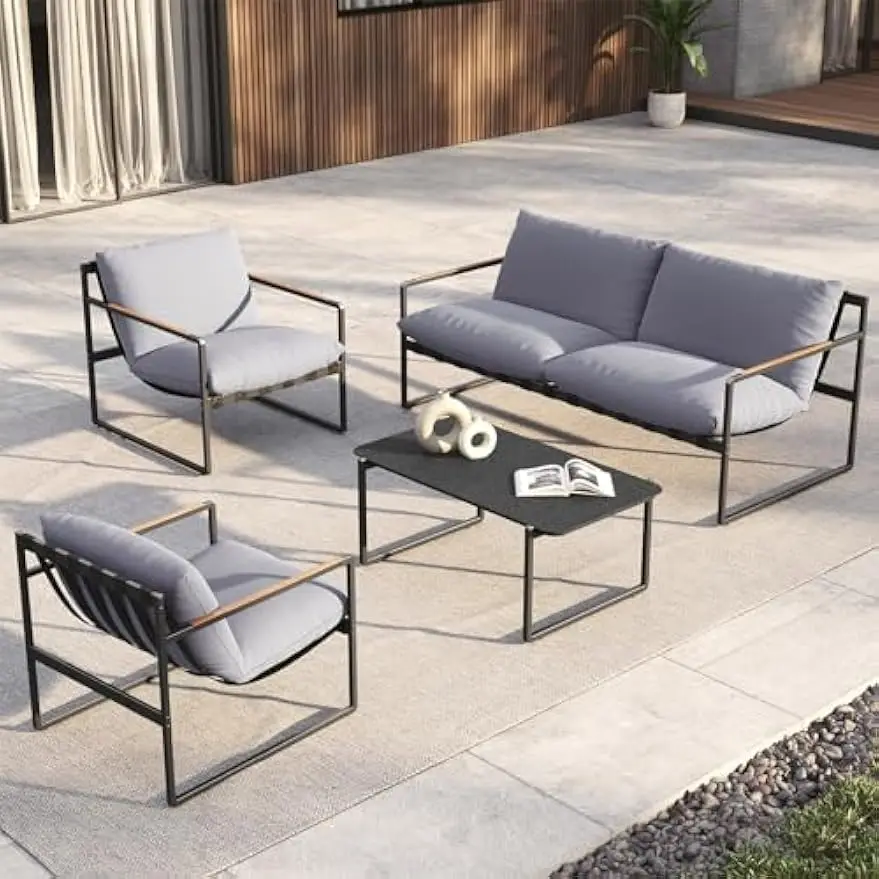 

4-Piece Patio Furniture Set, Outdoor Patio Conversation Sofa Set w/ Cushion, Modern Metal Couch Loveseat Chairs and Coffee Table