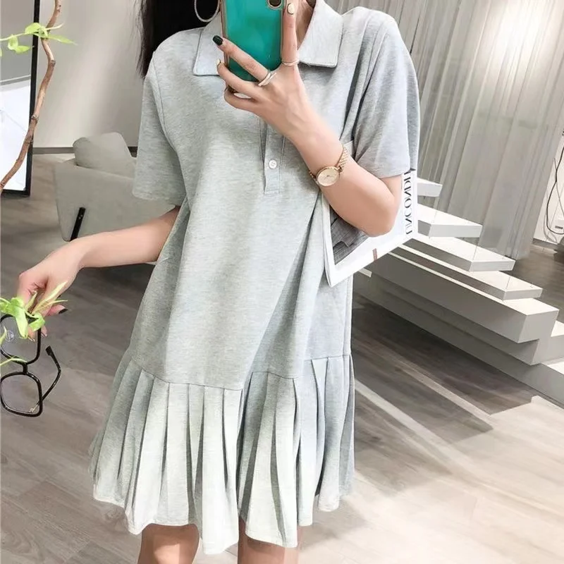 Korean Sle plus Size  Ne ort Sve T-irt Dr Women Loose Small Size Pleated Summer Dr Faionable Midi Dr