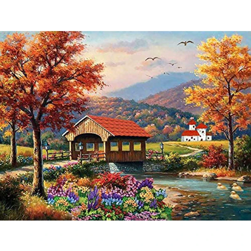 

DIY Diamond Painting Scenery Bridge And Villas Full Round Drill Rhinestone Diamond Embroidery Cross Stitch Tree River Home Decor