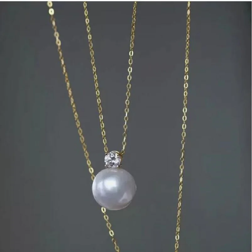 Fashion Jewelry  9-10mm Natural Round AAAA South Sea Grey Pearl Pendant 18inch Necklace, 14k