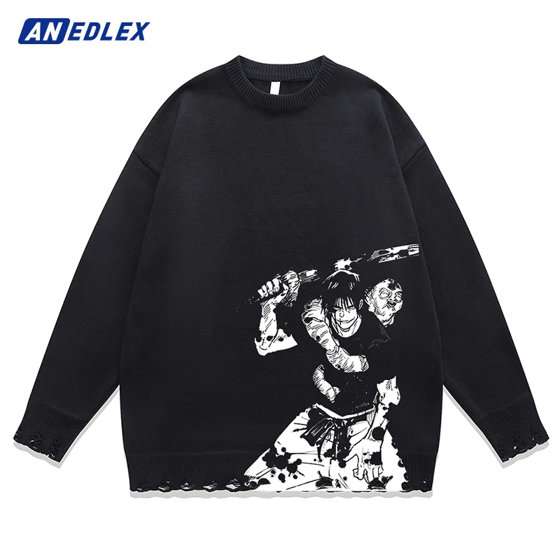 Men Streetwear Warm Black Sweater Anime Print Knitted Sweater Harajuku Autumn Winter Cotton Loose Pullover Unisex