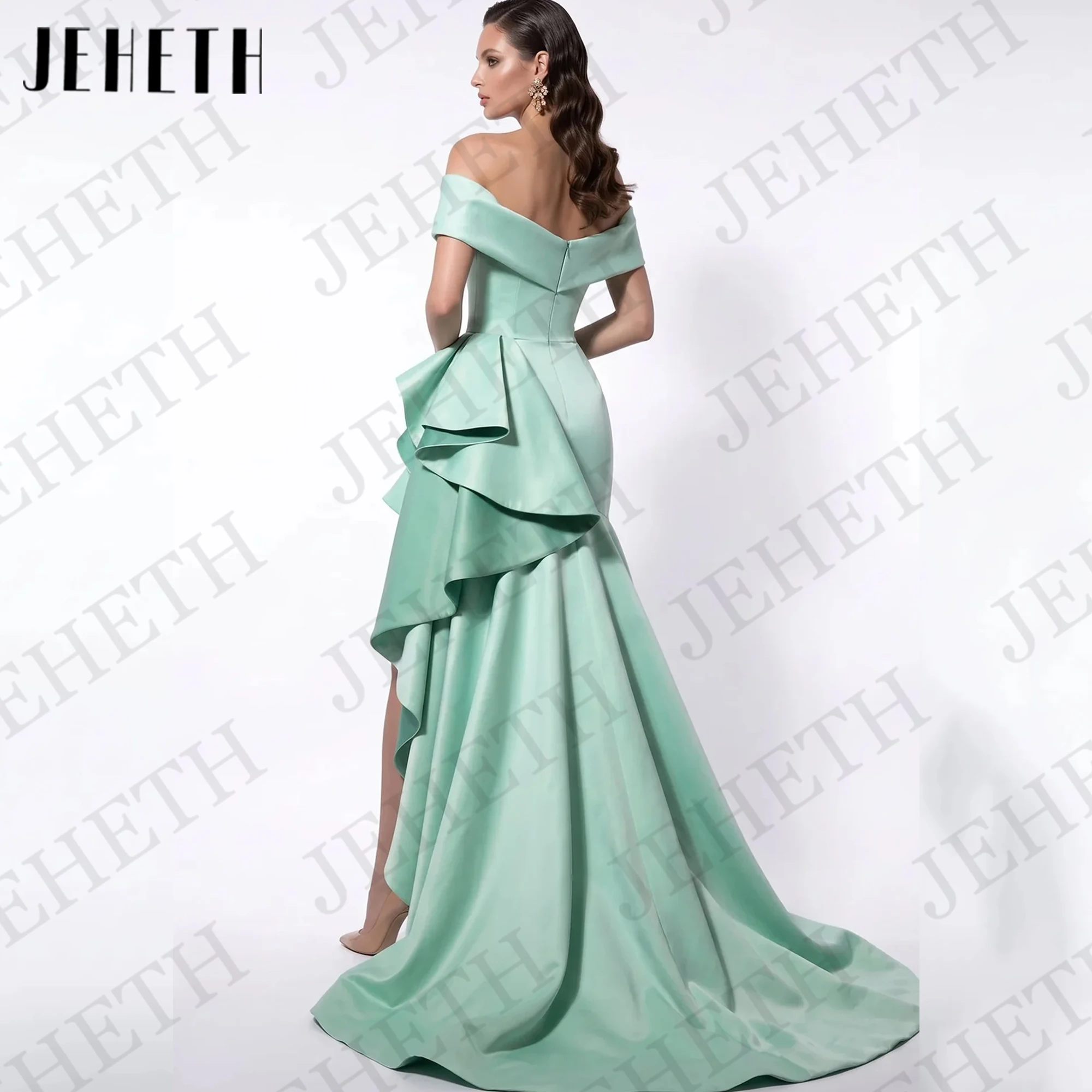 JEHETH Prom Dress Off Shoulder Satin Mint Green Elegant High Low Ruffled Formal Party Pageant Dresses Customized فساتين سهرة